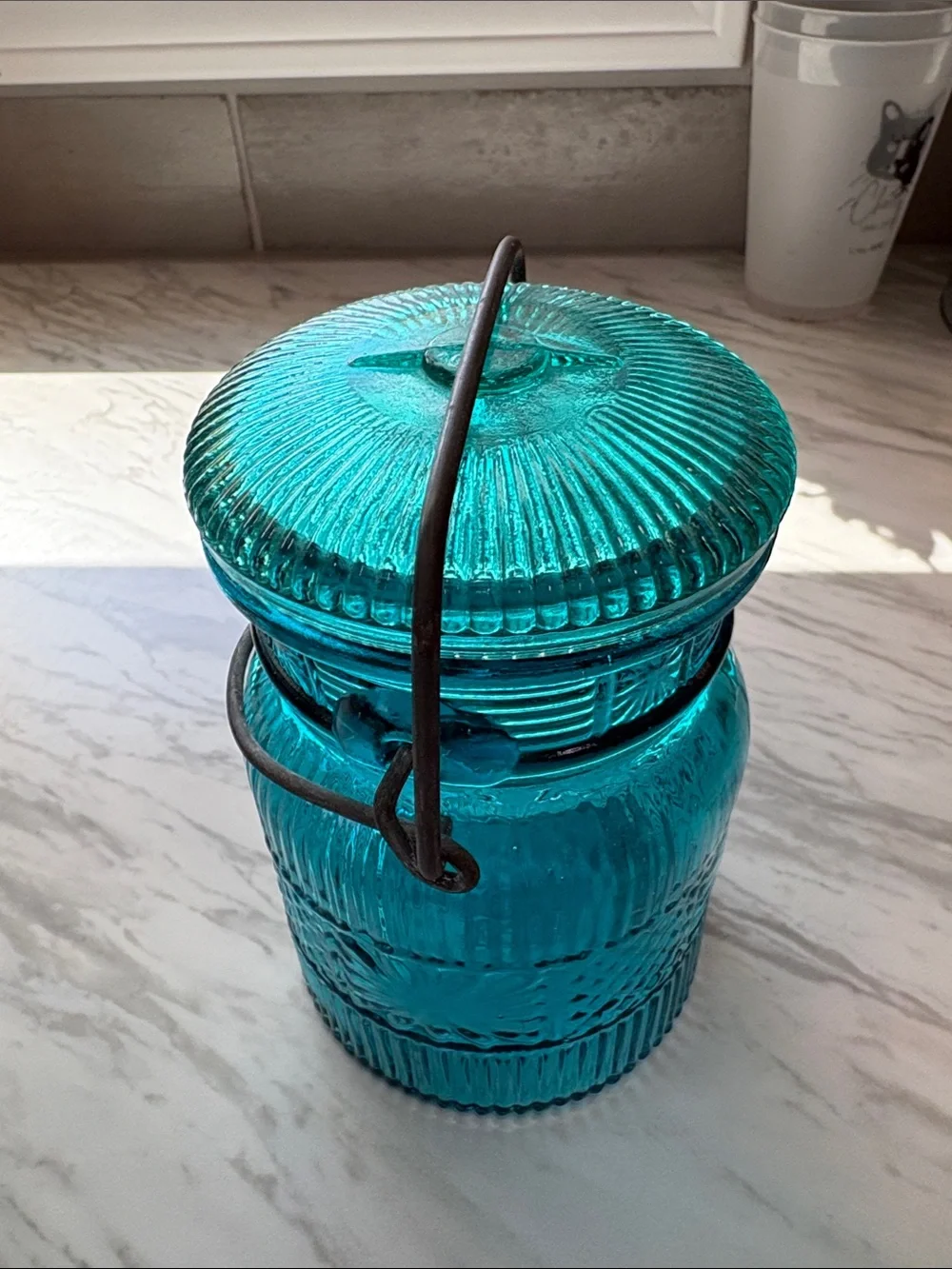 Vintage Avon Decorative Teal Glass Jar with Lid and Handle